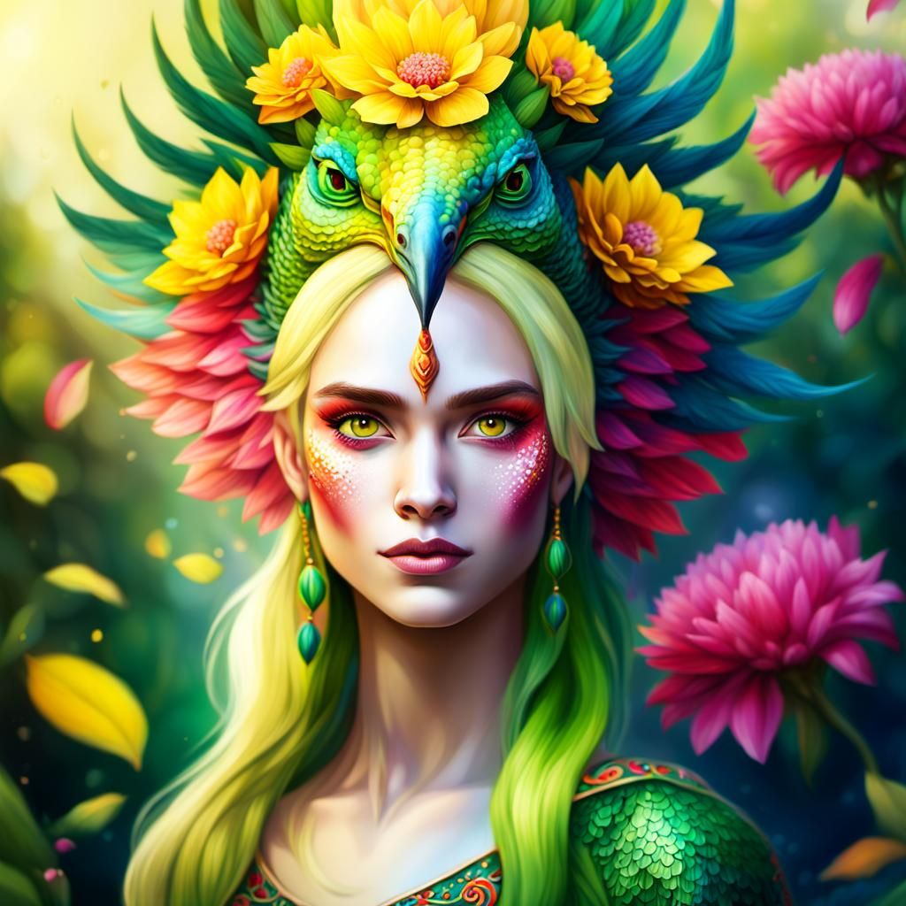 Dragon Peacock Woman in a Dream Garden