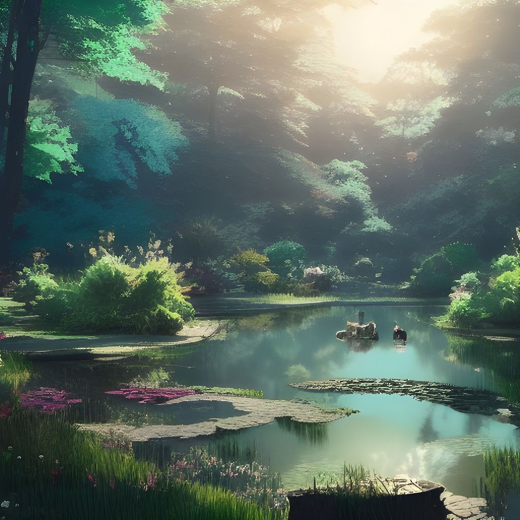 Romantic Pond Landscape in Studio Ghibli Anime Style