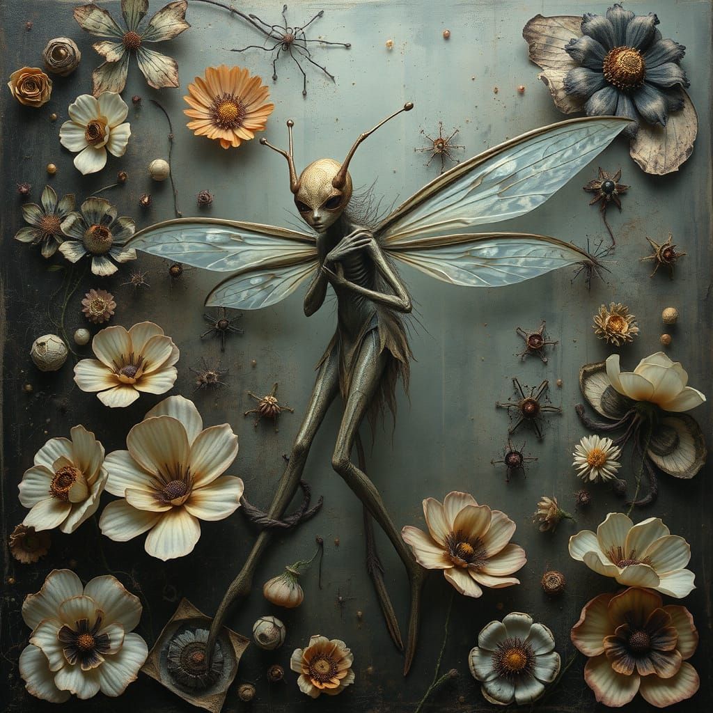 Surreal Insect Fairy in Dark, Dreamlike Landscape