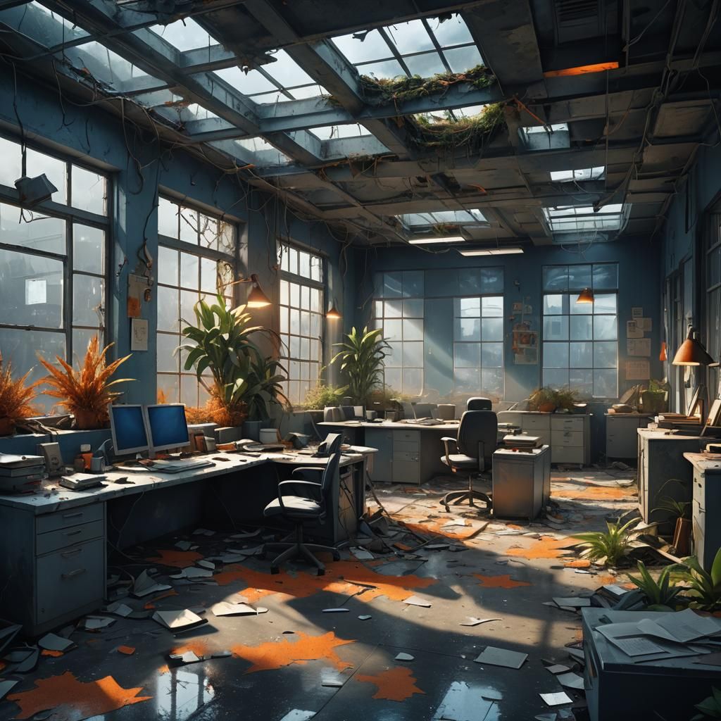 Post-Apocalyptic Office: Overgrown Dystopian Concept Art