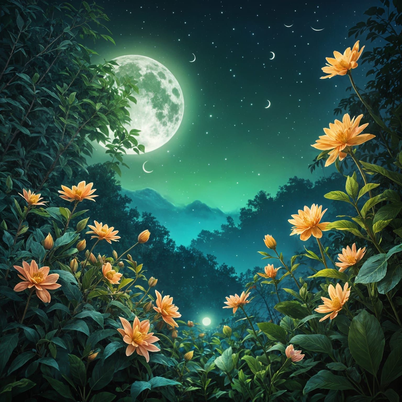 Serene Nighttime Garden Scene in Hyperrealistic Style