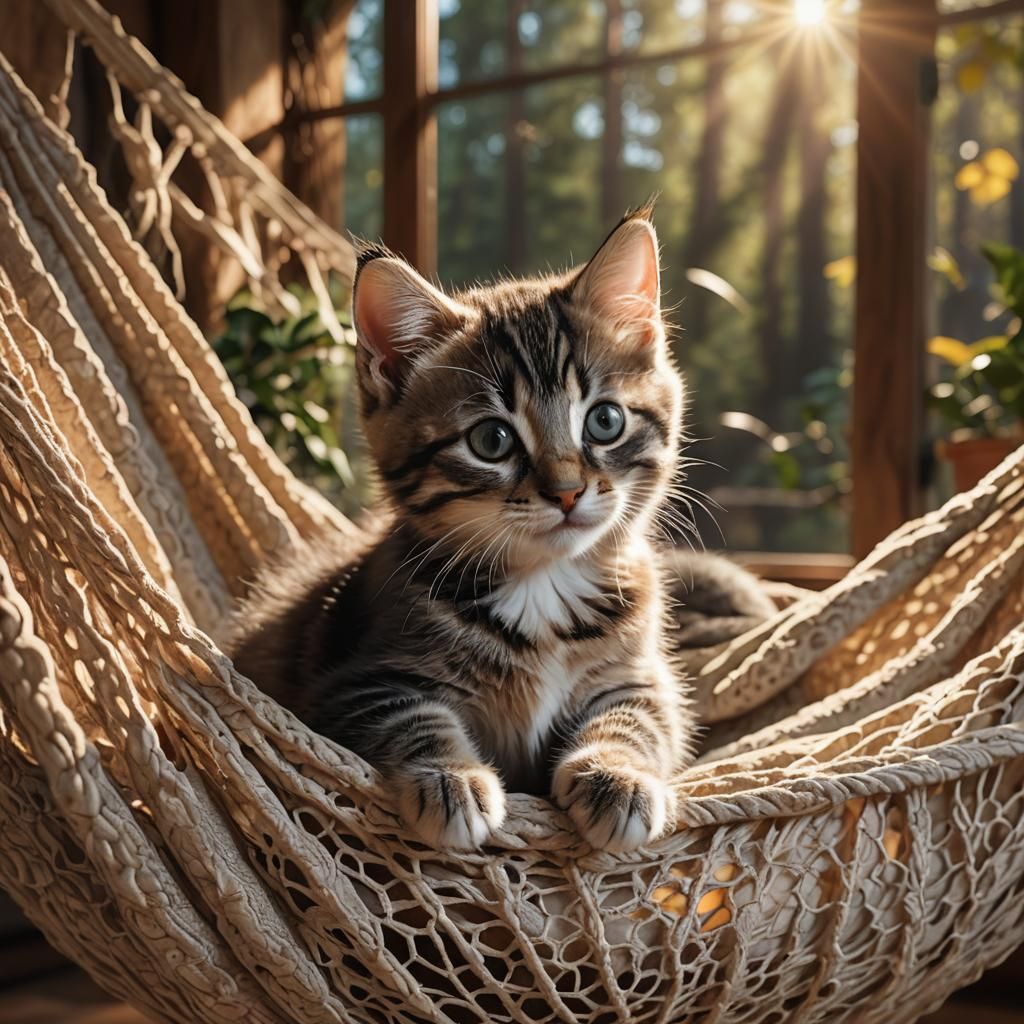 Kitten in Hammock: Hyper-Realistic Digital Art