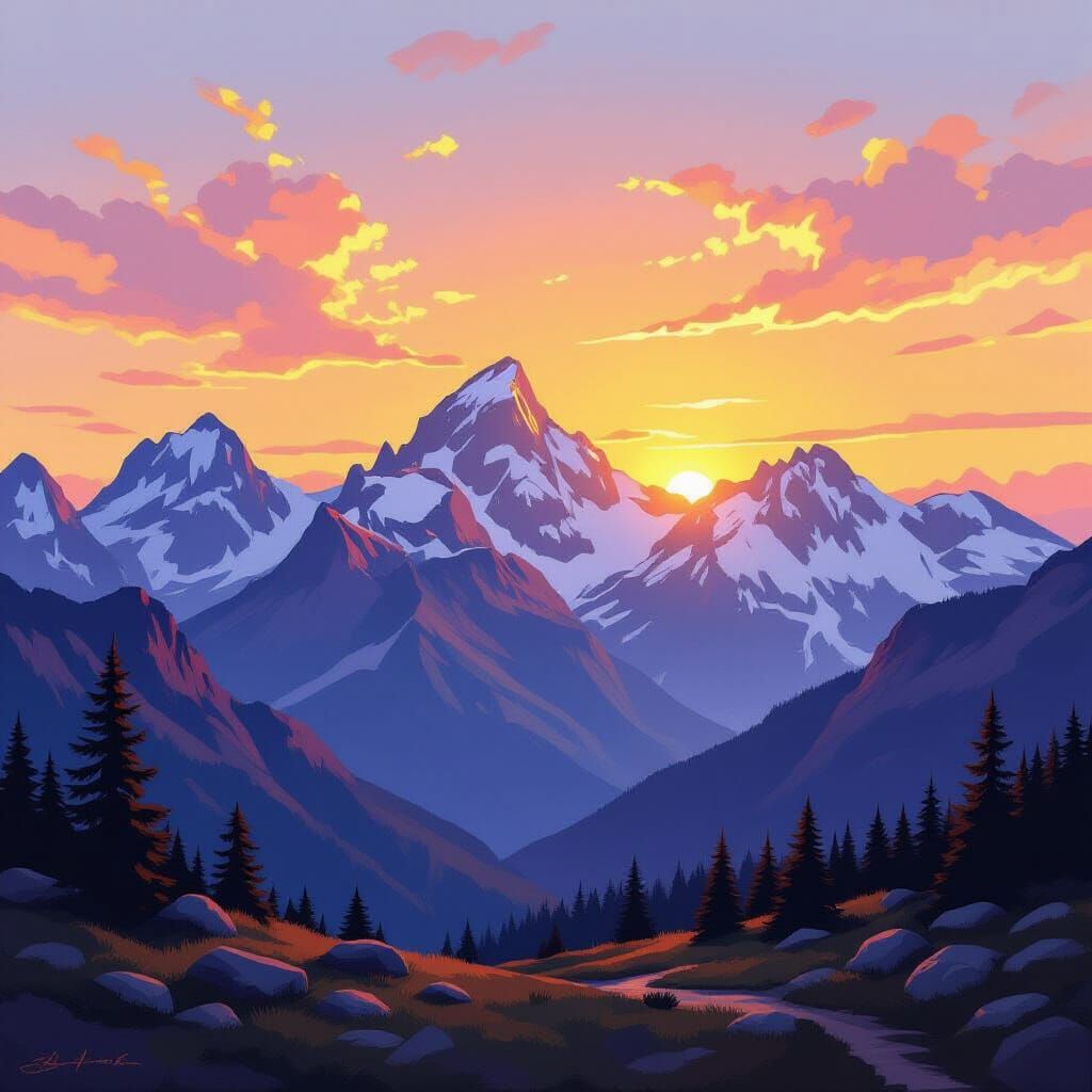 Sunset Over Mountain Range in Romantic Style
