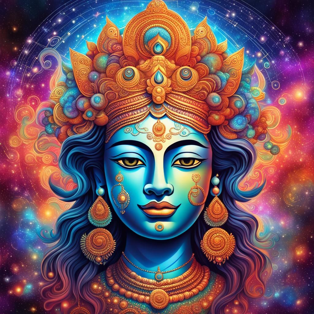 Goddess Durga Face in Holographic Astral Style