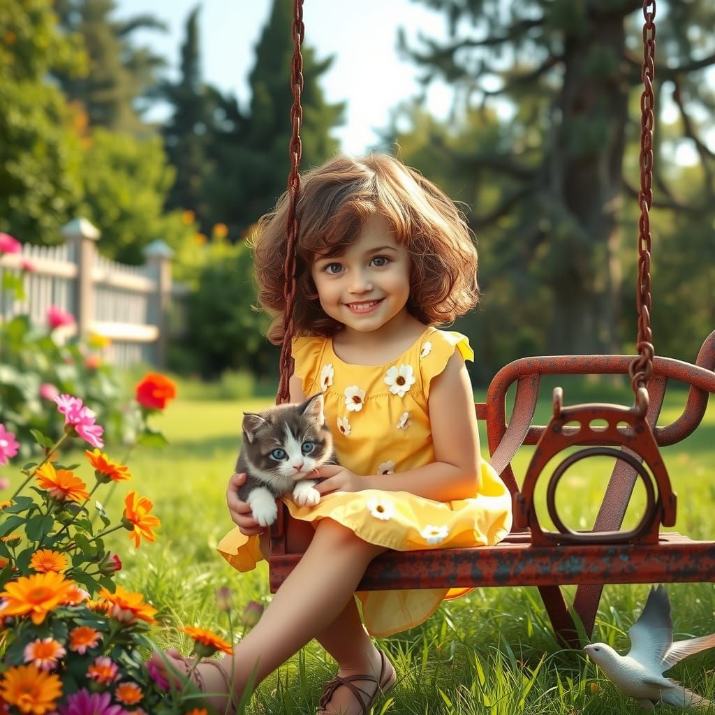 Joyful Girl Plays with Kitten in Cozy Backyard Oasis
