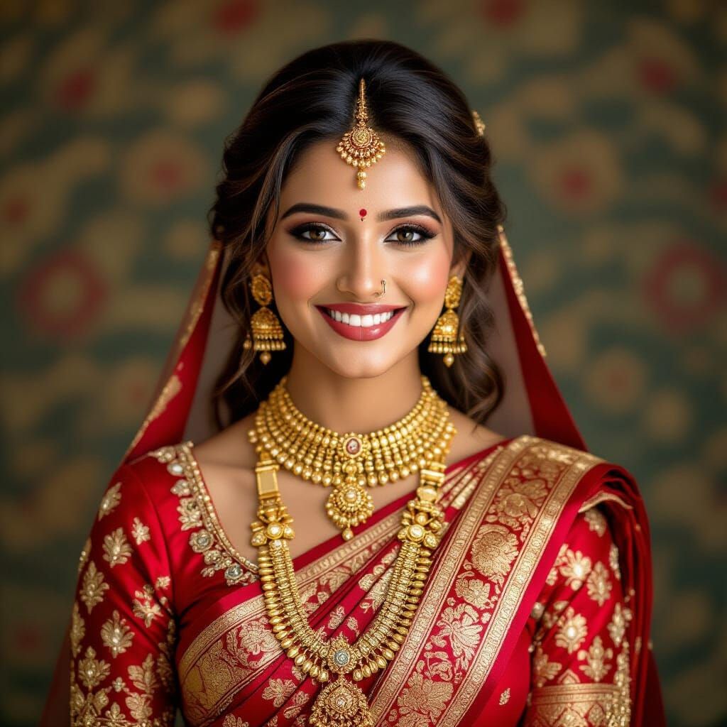 Beautiful Indian Bride in Red Saree, Photorealistic