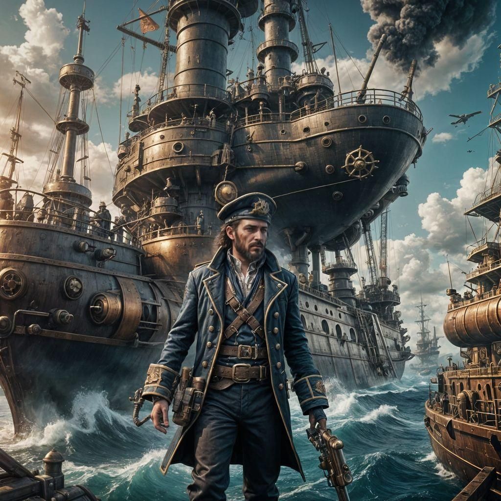 Steampunk Sky Pirate Captain and Submarine Ship