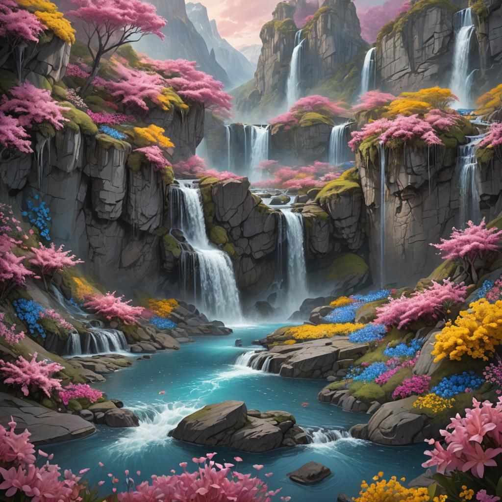 Three Waterfalls in Dreamlike Fantasy Landscape