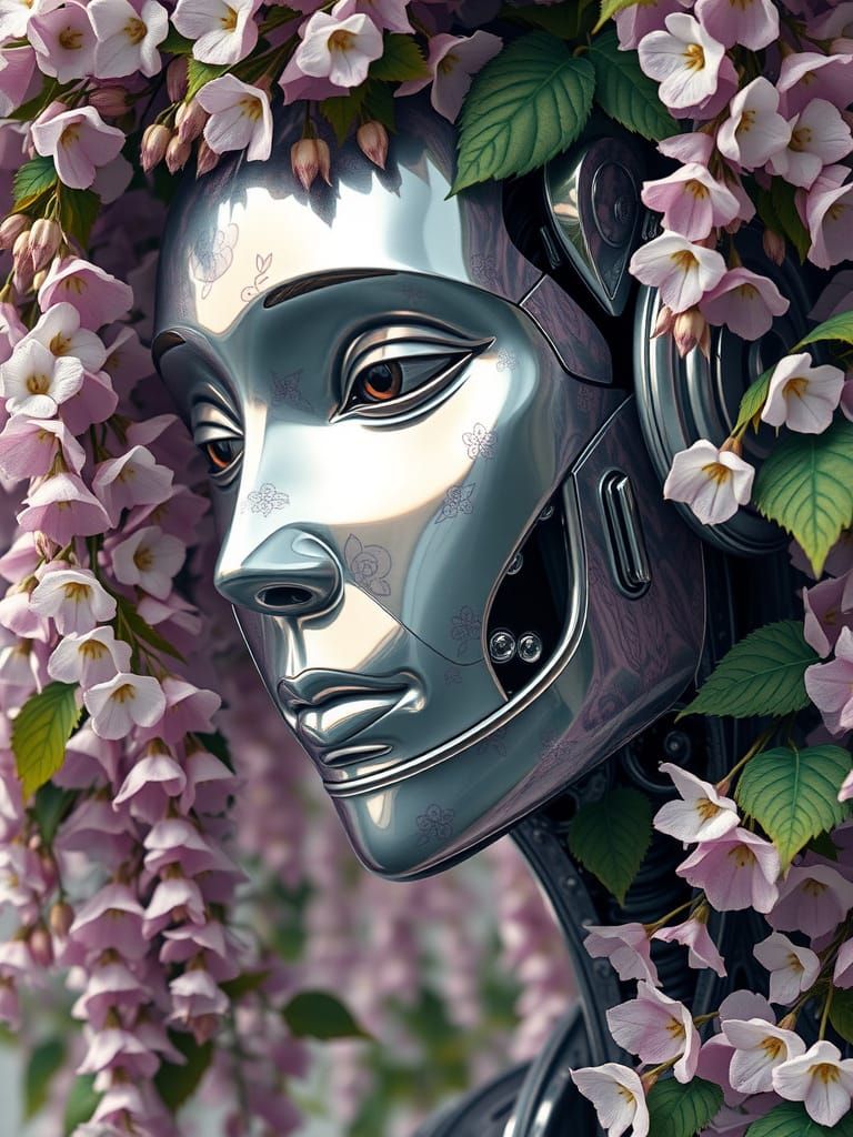 Surreal Art Nouveau Robot Blossoms from Wisteria Vines