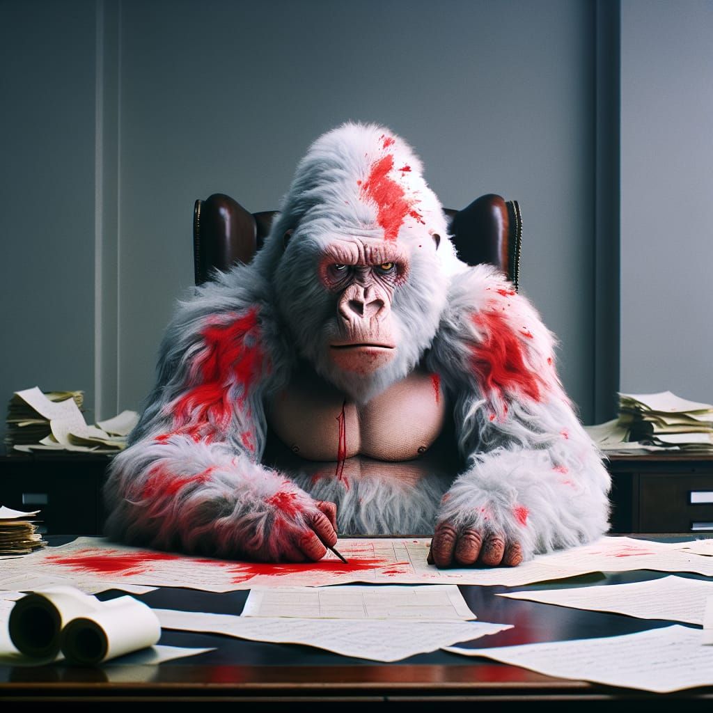 Melancholic Gorilla in Dystopian Film Scene