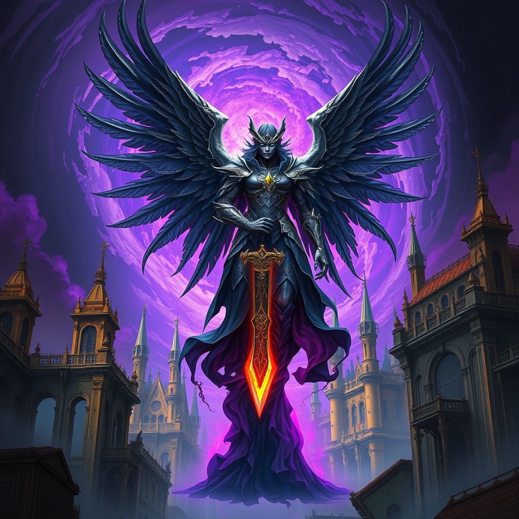 Dark Fantasy Angel Emerges from Vortex in Ancient Cityscape