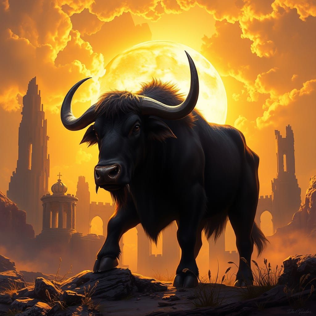 Ancient Aurochs in Dark Fantasy Realm