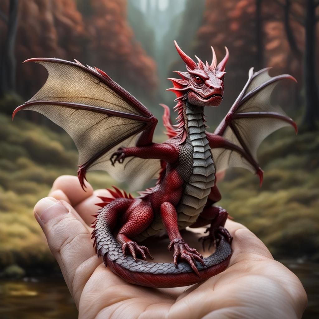 Tiny Red Dragon on Hand, Hyperrealistic Photo