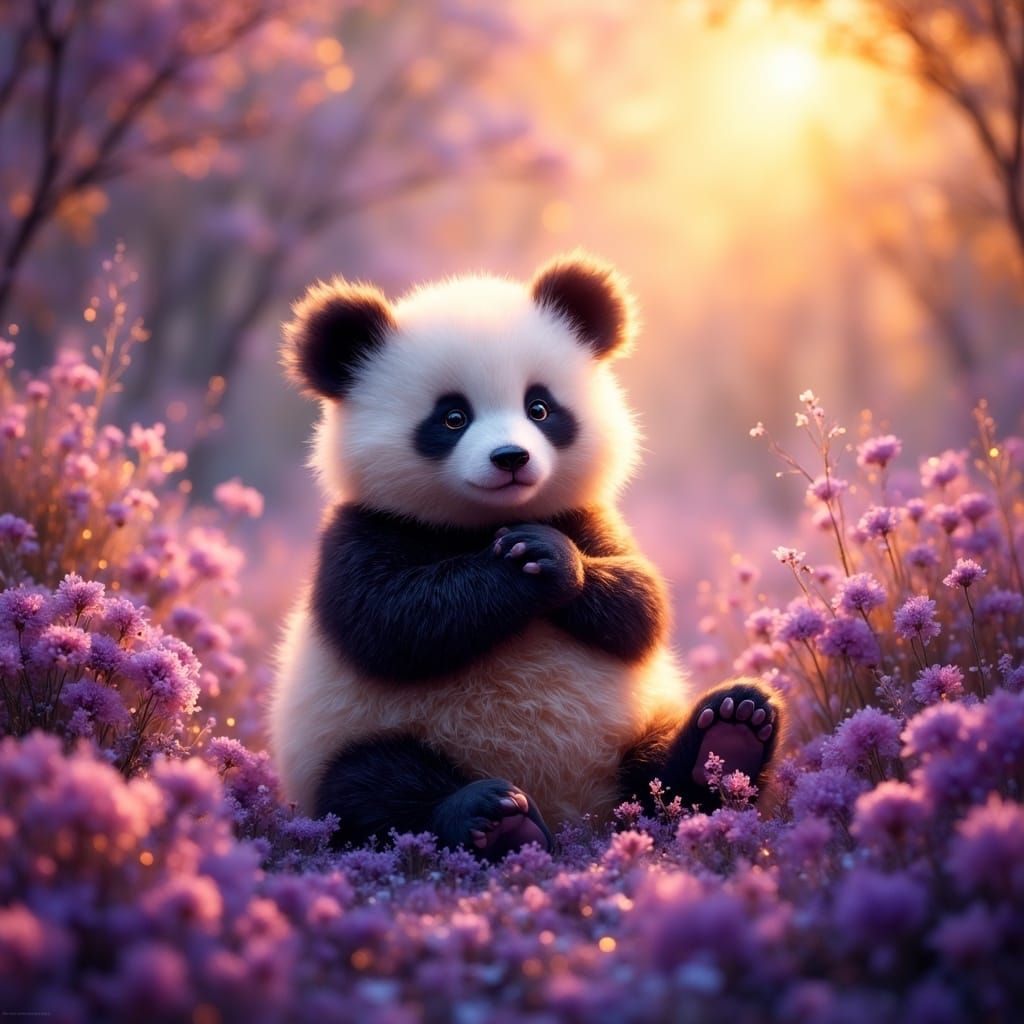 Enchanted Panda in Vibrant Purple Garden