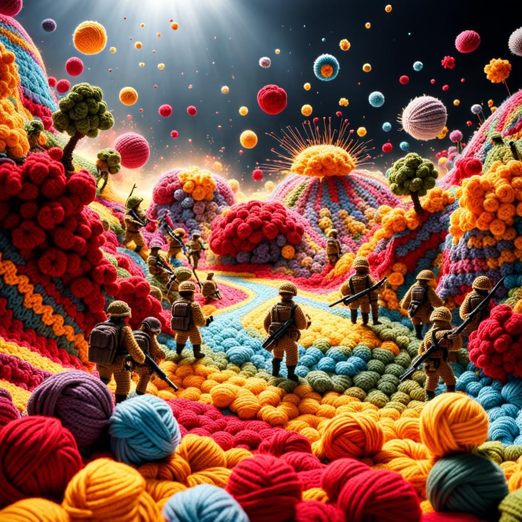 Colorful Crochet World War Scene in 8k