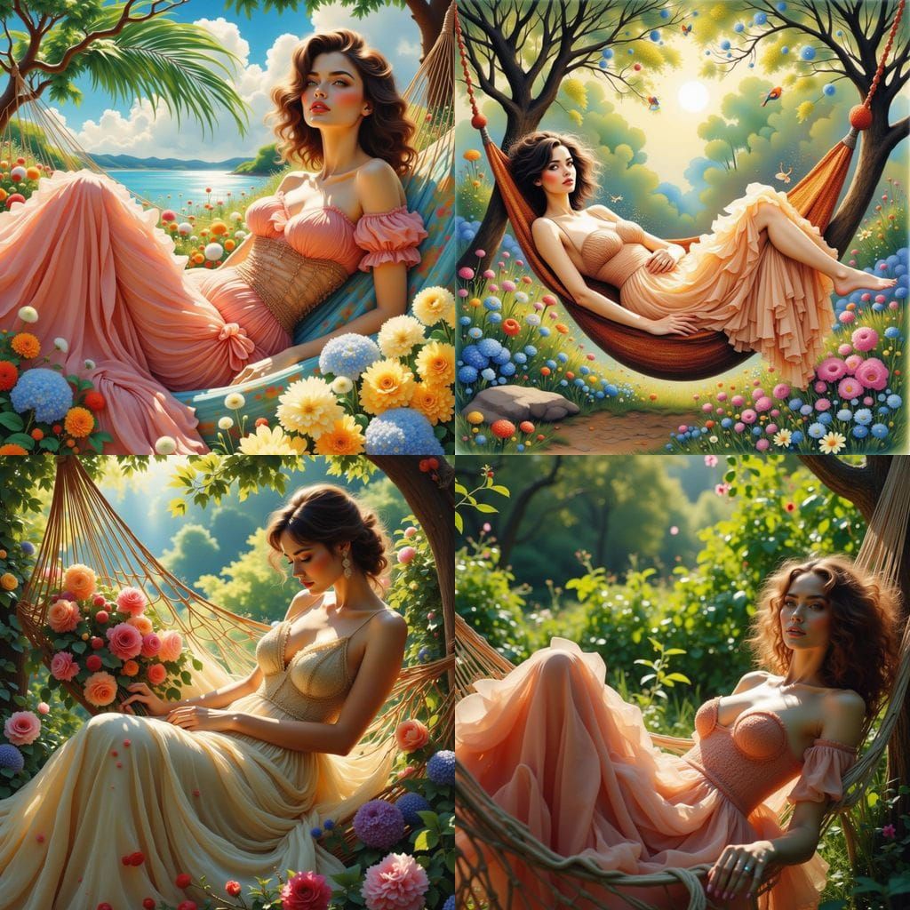 Woman in Puffy Dress on Hammock, Ink Art