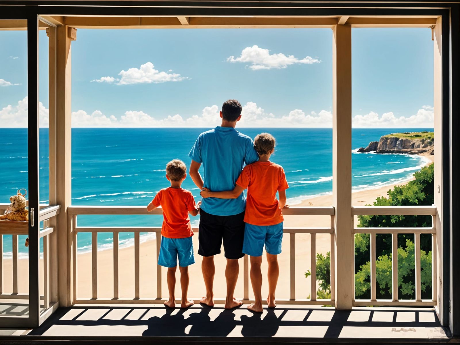 Family Portrait on a Beach Balcony in Vibrant Gouache Style