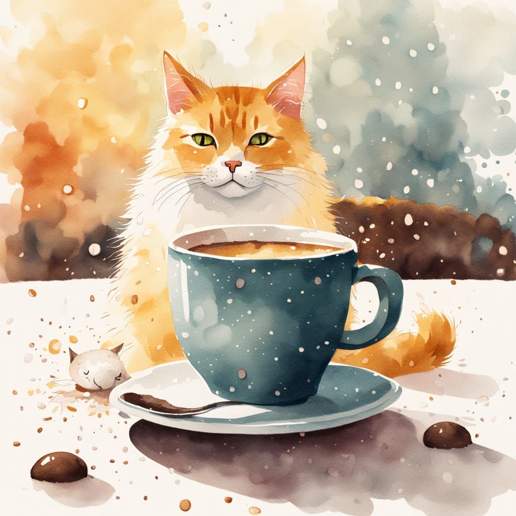 Cozy Cat and Coffee in Watercolor Style