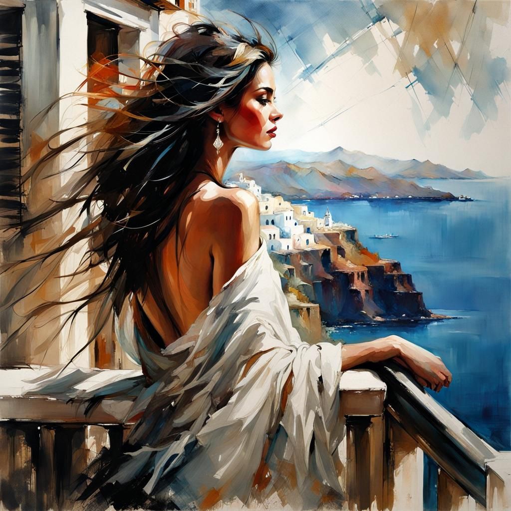 Woman on Santorini Balcony with Breathtaking View