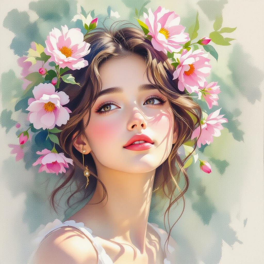 Watercolour Portrait of Woman Amidst Blooming Flowers