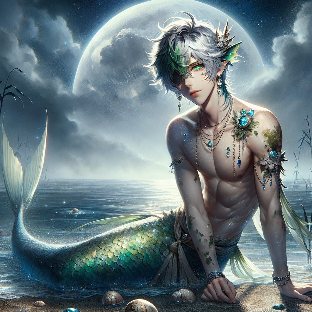 Anime Satyr Mermaid on Shoreline in Moonlight