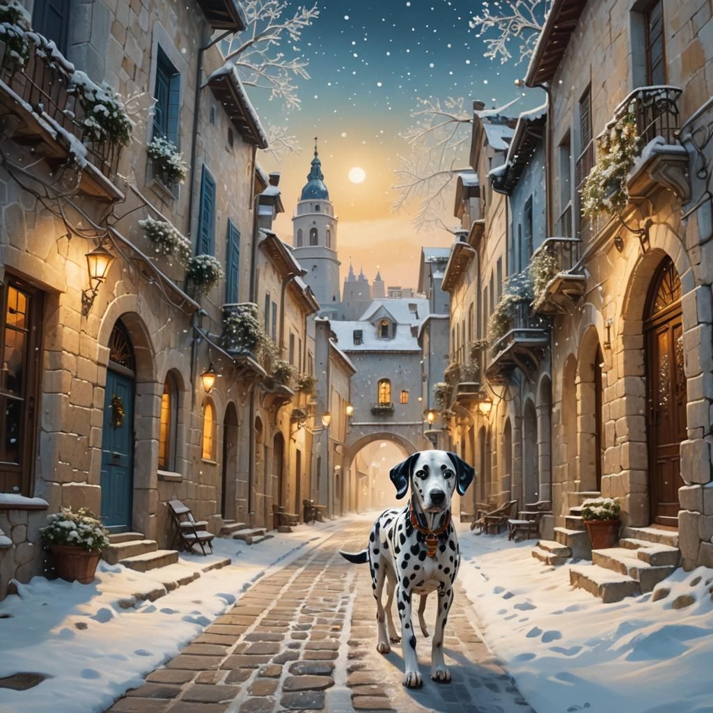 Magical Dalmatian in Winter Fantasy Landscape