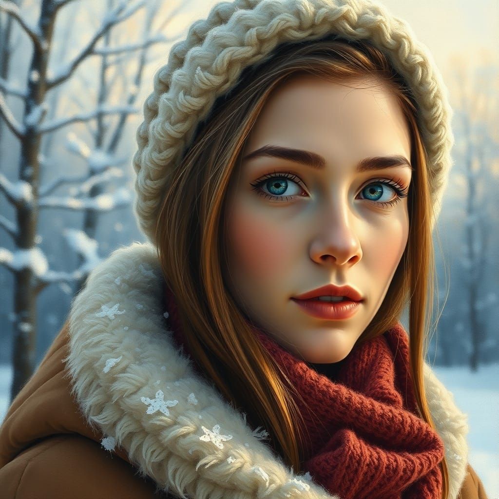 Impressionist Portrait of a Serene Woman in Snowy Forest