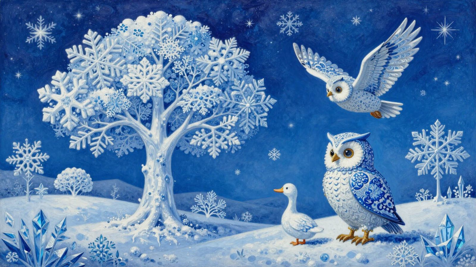 Surrealist Winter Landscape with Snowflake Art