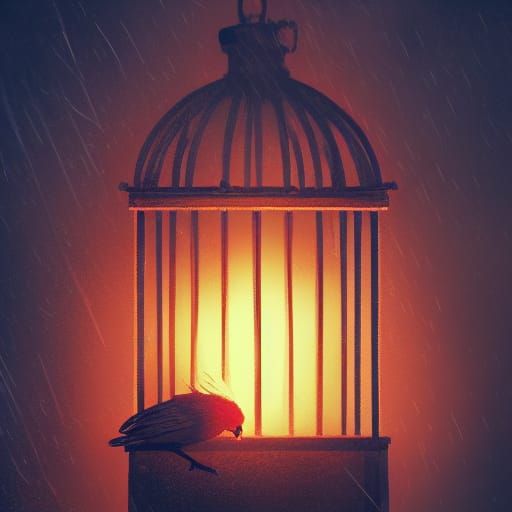 Lonely Bird in Cage: Dark Fantasy Art