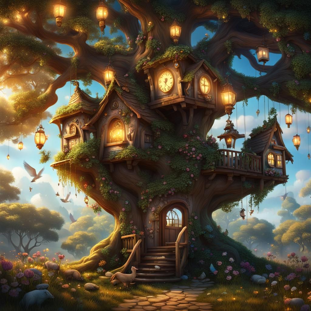 Enchanted Fairy Treehouse with Unicorn, Fantasy Art