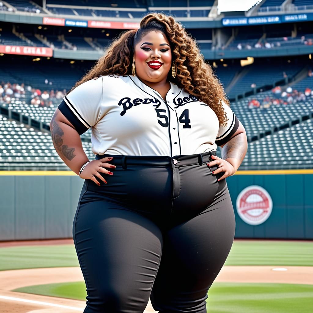 Beautiful Plus-Size Woman in Baseball Stadium
