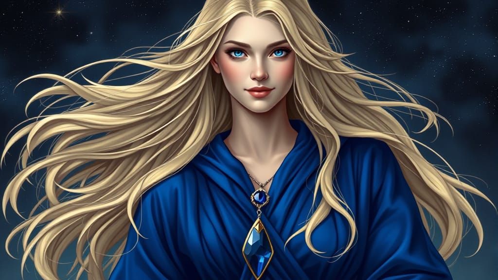 Lovely Norse Goddess in Royal Blue Robe with Sapphire Pendan...
