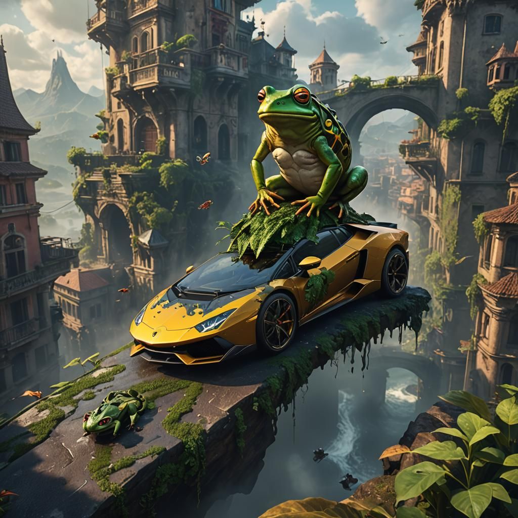 Frog Rides Lamborghini in Detailed Fantasy Art