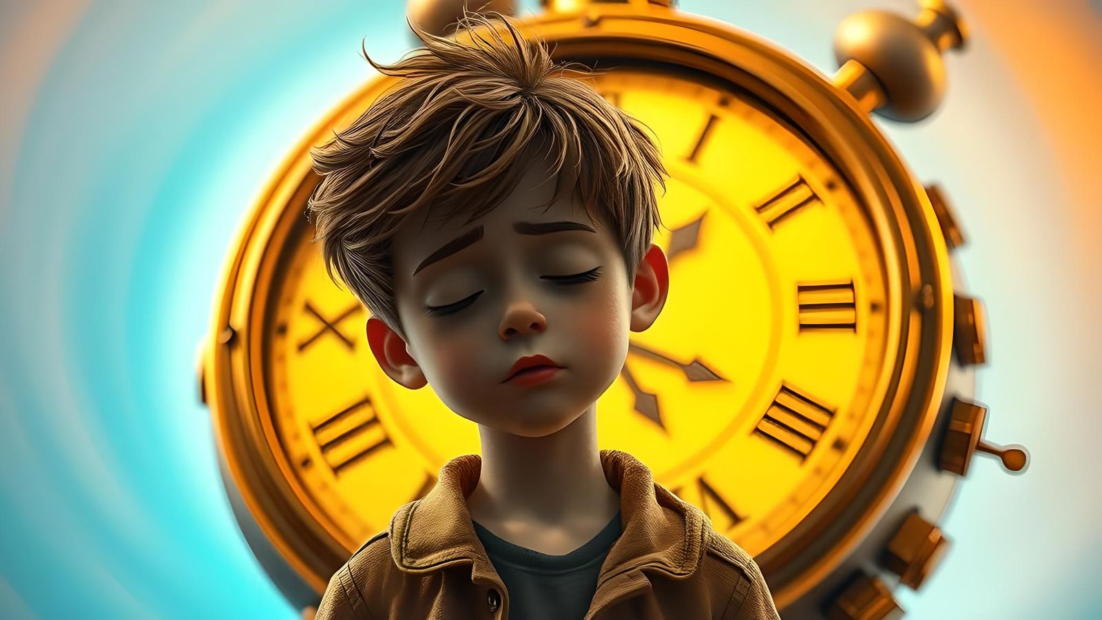 Exhausted Cartoon Boy with Clock: Pixar-Style 3D Art