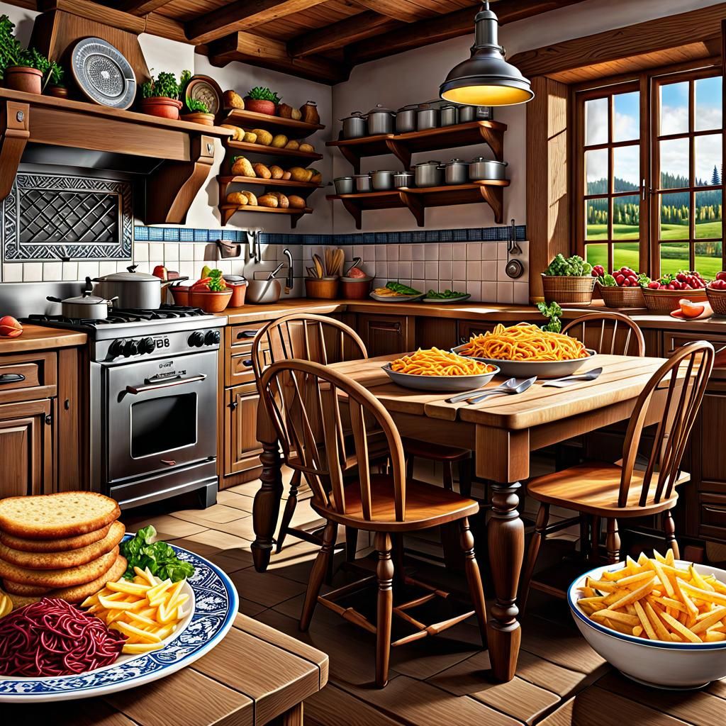 Hyperdetailed German Farm Kitchen Food in Airbrush Art