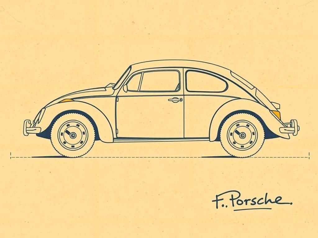 Volkswagen Beetle Technical Illustration in Blueprint Style
