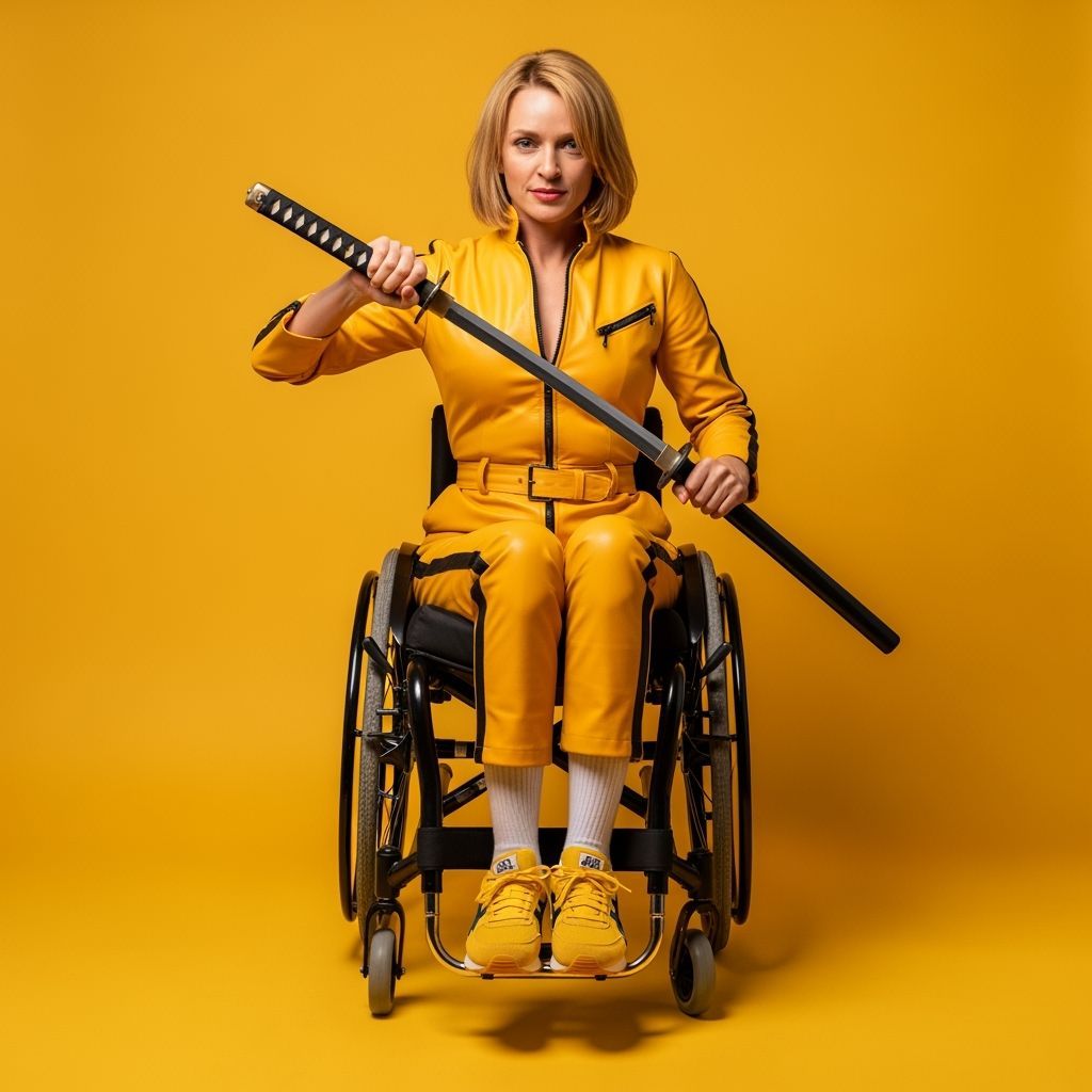 Confident Woman in Yellow Jumpsuit with Sword