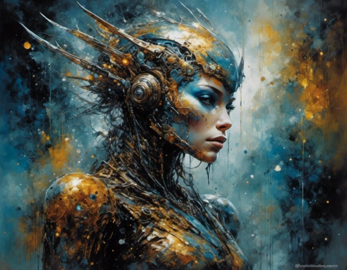 Watercolor Alien Cyberwarrior Stares Intensely