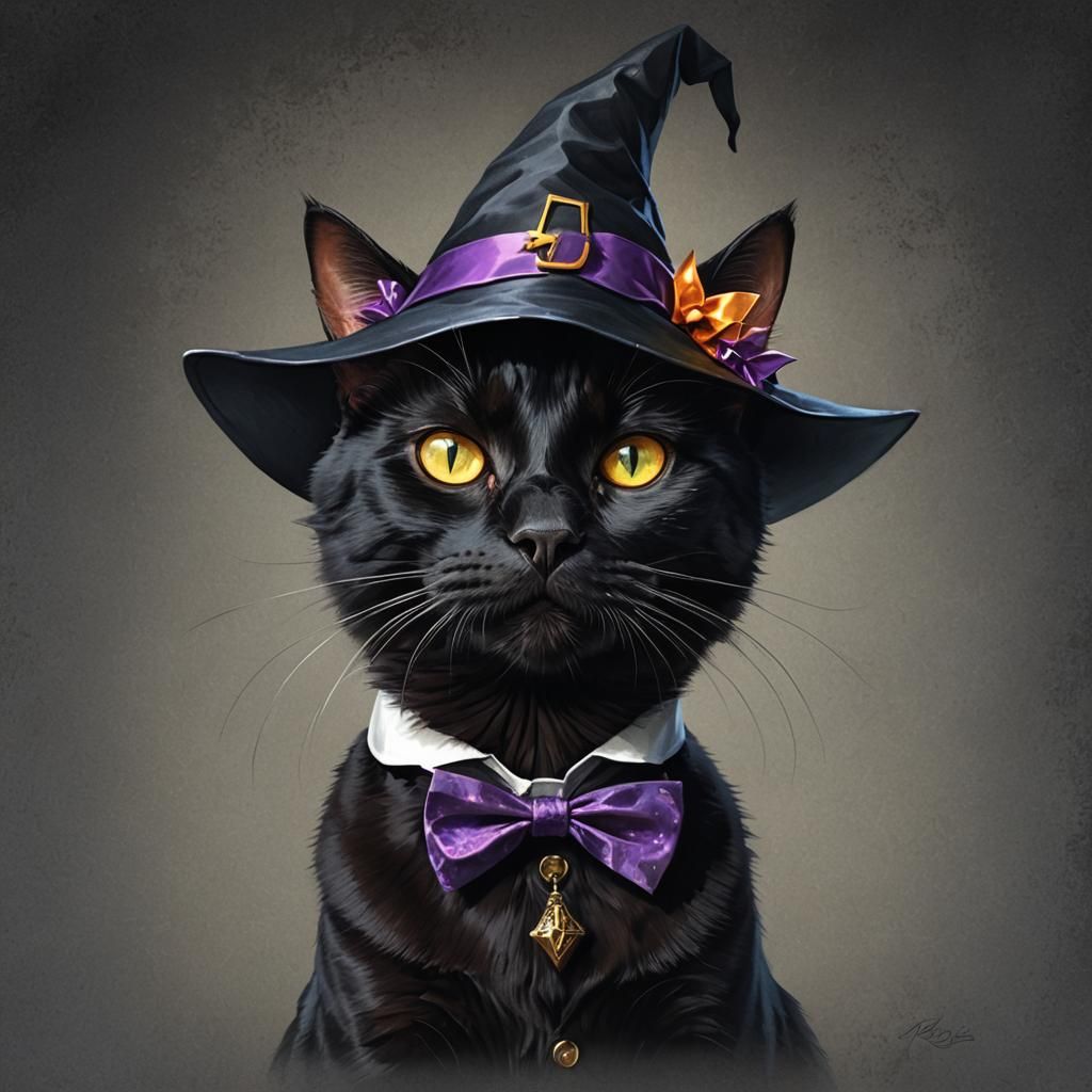 Black Cat in Witch Hat: Hyper-Realistic Portrait