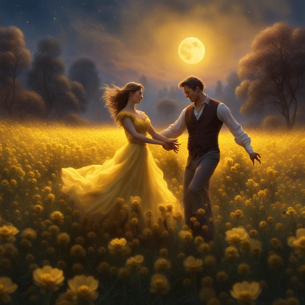 Couple Dancing in Moonlit Field: Fantasy Art