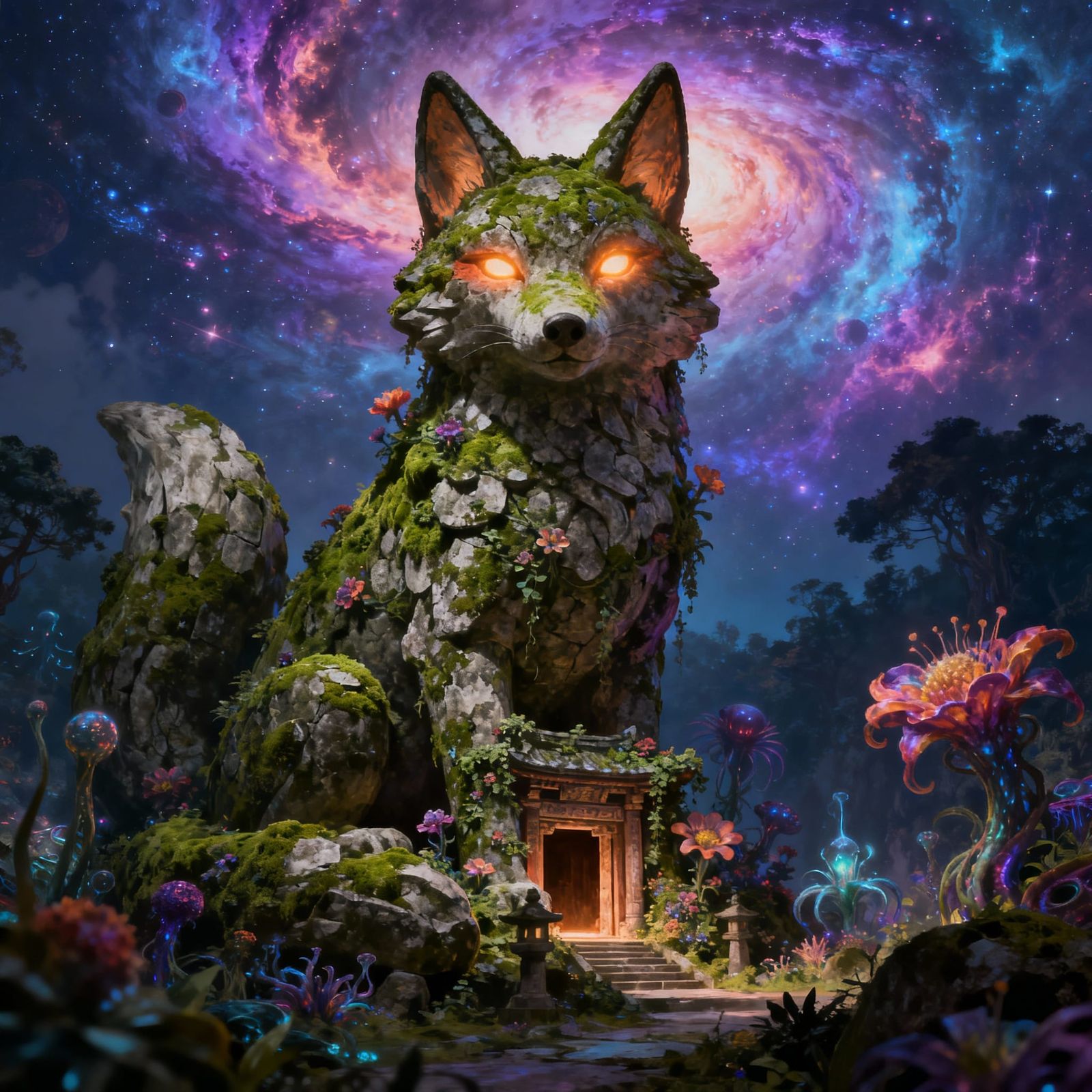 Surreal Fox Statue Guards Alien Temple Entrance