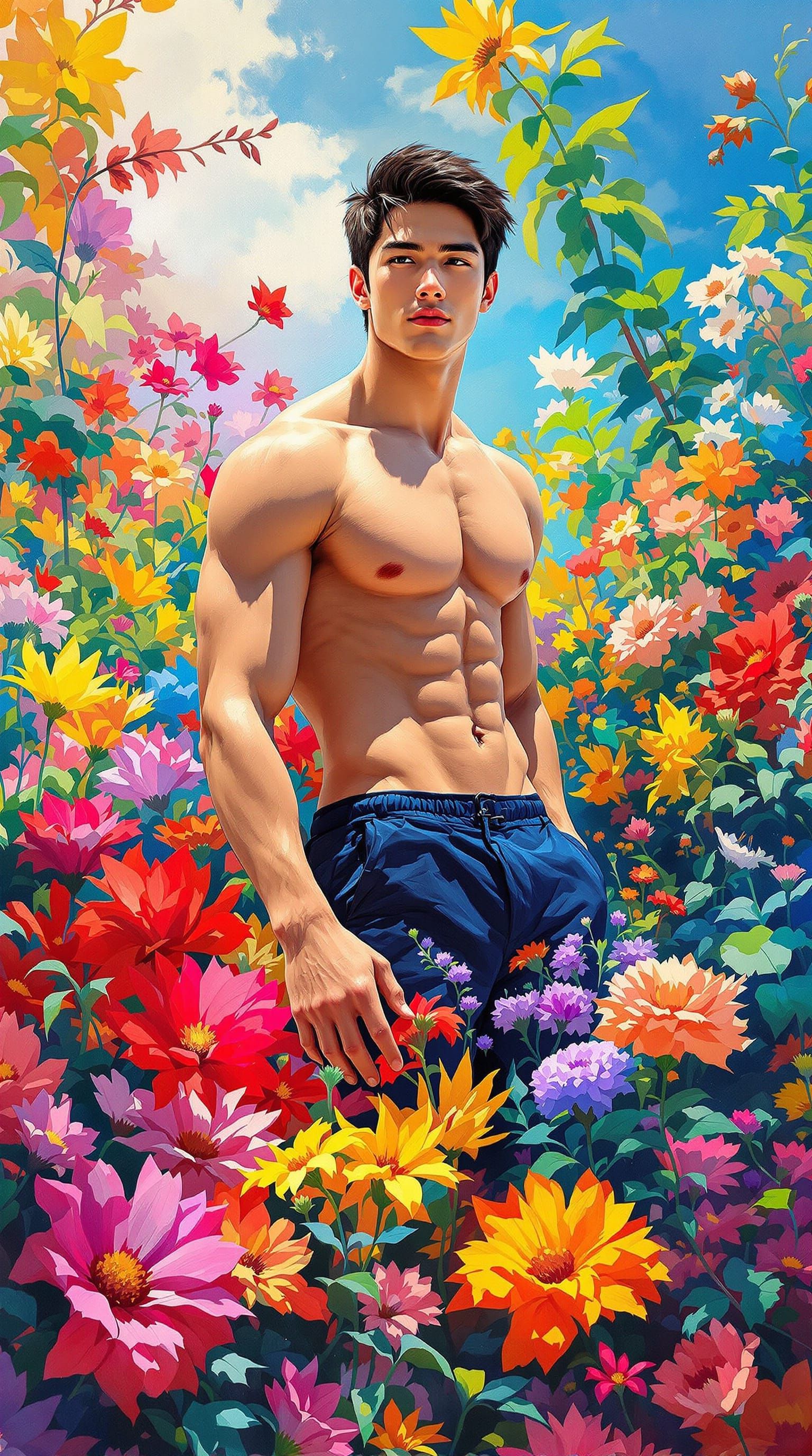 Vibrant Oil Painting of a Muscular Man in a Flower Garden