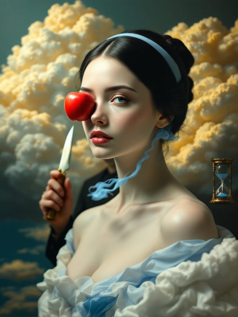 Surreal Portrait with Floating Apple and Hourglass