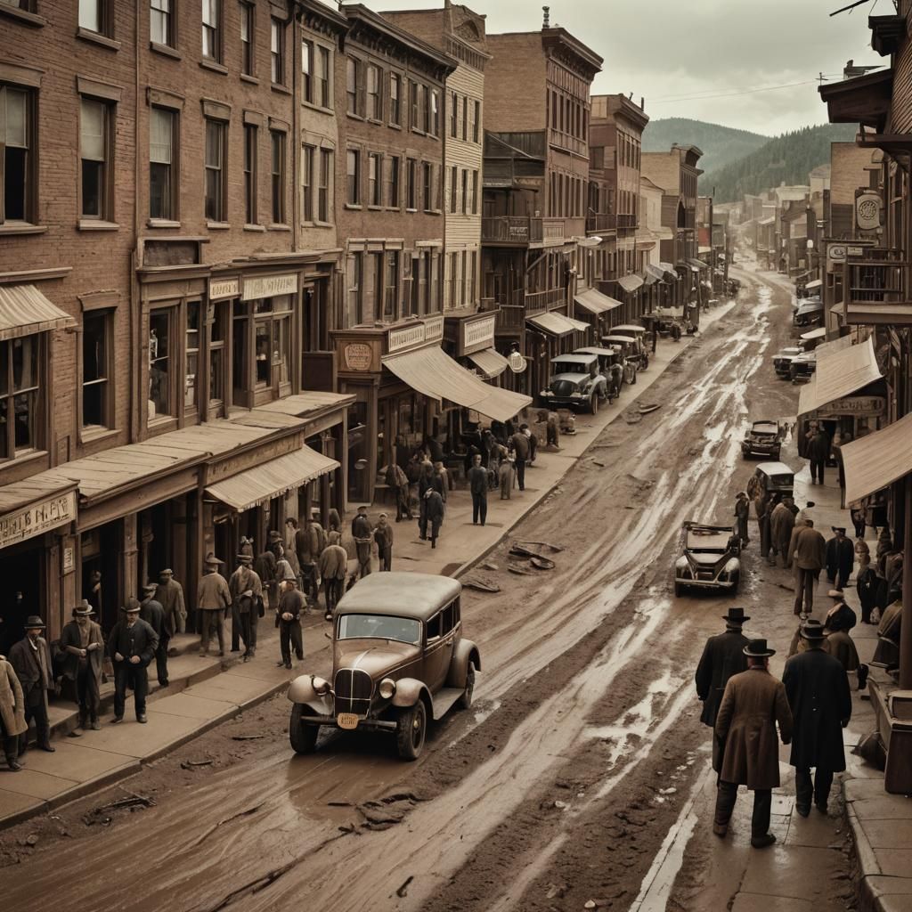 Deadwood's Muddy Streets: 1870s Scene with Unexpected Car