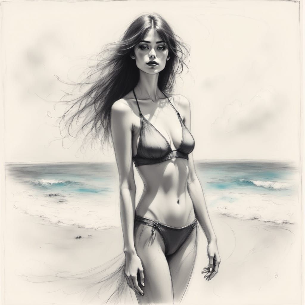A Beautiful Woman on a Beach in Soft Charcoal Sketch Style