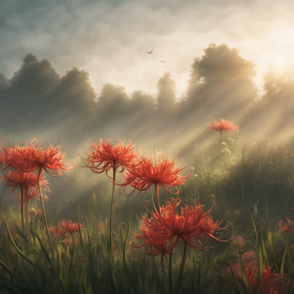 Vast Field of Red Spider Lilies in Golden Light