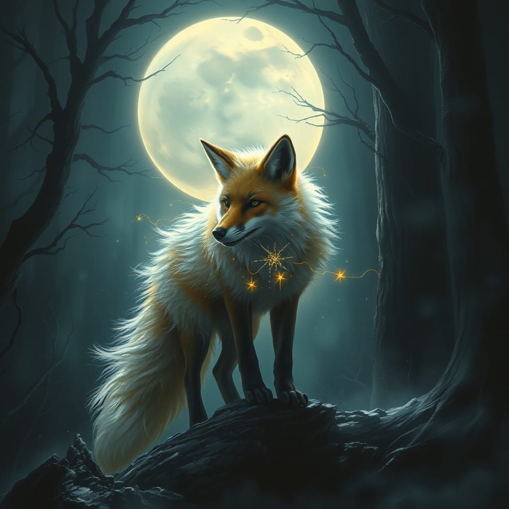 Ethereal Fox Spirit in Moonlit Ancient Forest