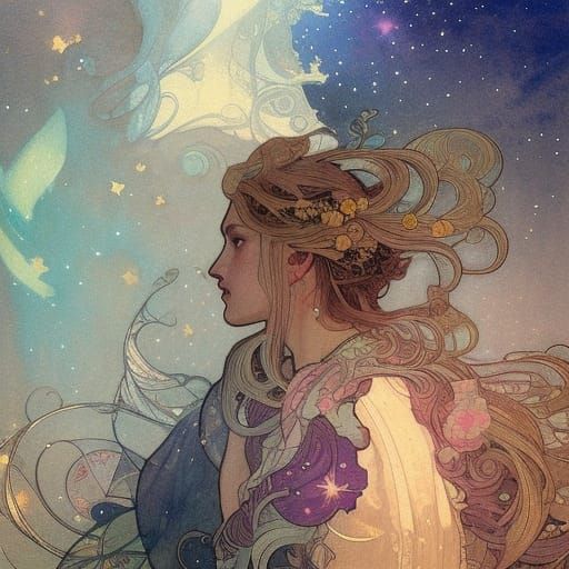 Aurora Borealis Over Village in Art Nouveau Style