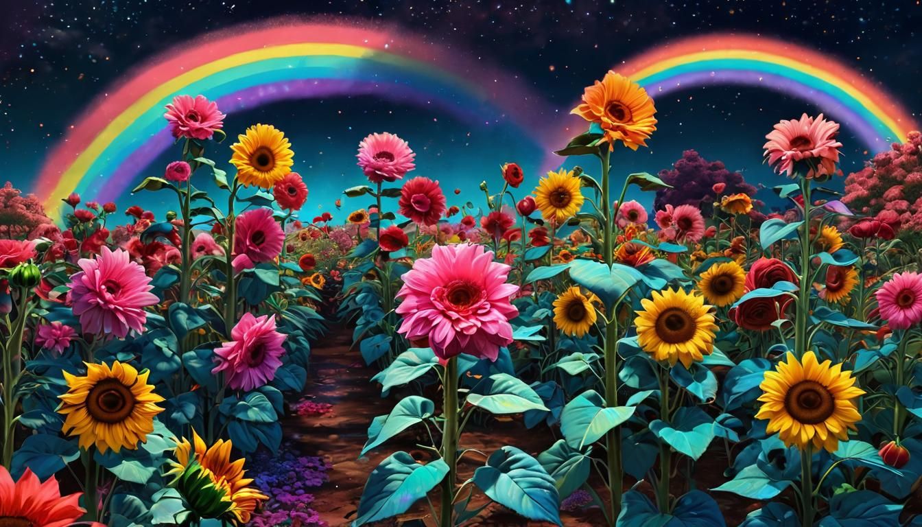 Surreal Rose Garden Rainbow in Cyberpunk Candyland Style