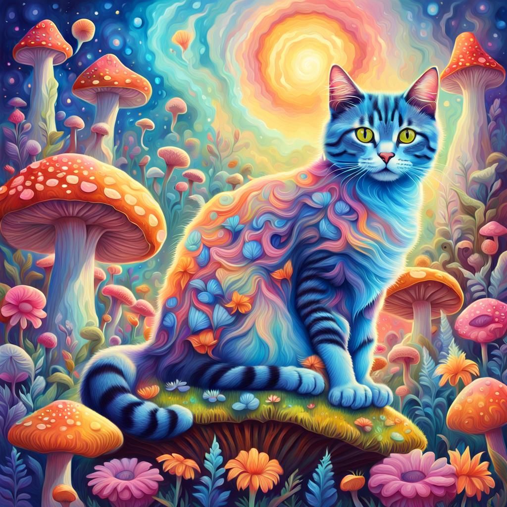Psychedelic Pastel Cat on Mushroom, Fantasy Art